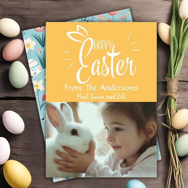 Cartão De Festividades Foto personalizada do Felz pascoa amarelo (Yellow Happy Easter Custom Photo Holiday Card)