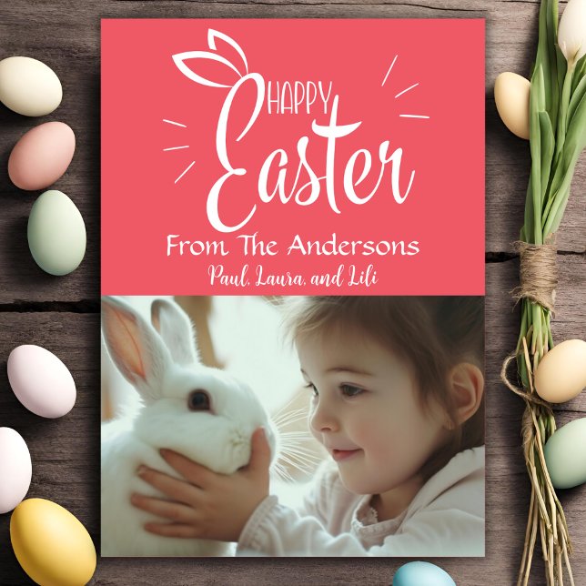 Cartão De Festividades Foto Personalizada do Felz pascoa de Pastel Rosa V (Vibrant Pink Pastel Happy Easter Custom Photo Holiday Card)