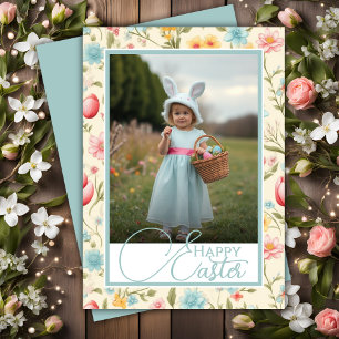 Cartão De Festividades Foto personalizada do Felz pascoa Floral Pastels