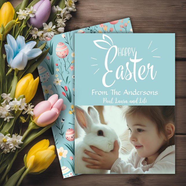 Cartão De Festividades Foto personalizada do Felz pascoa Pastel bonito (Pretty Pastel Happy Easter Custom Photo Holiday Card)