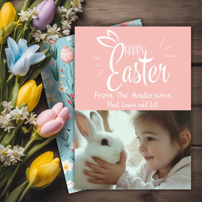 Cartão De Festividades Foto personalizada do Felz pascoa rosa bonito Past (Pretty Pastel Pink Happy Easter Custom Photo Holiday Card)