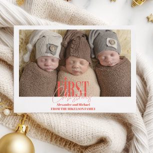 Cartão De Festividades Foto personalizada do primeiro Natal dos Triplets