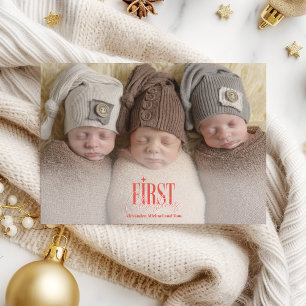Cartão De Festividades Foto personalizada do primeiro Natal dos Triplets