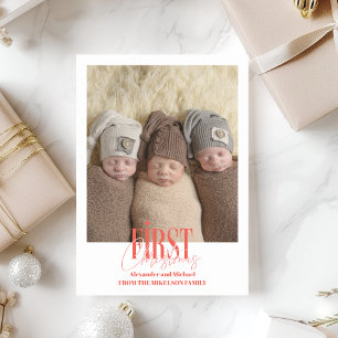 Cartão De Festividades Foto personalizada do primeiro Natal dos Triplets