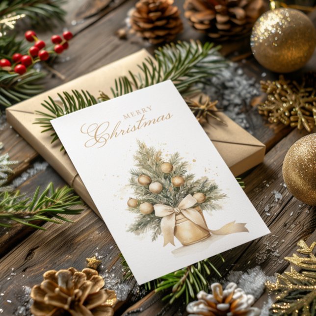 Cartão De Festividades Foto personalizada Dourada Beige Christmas Tree Wa (Criador carregado)