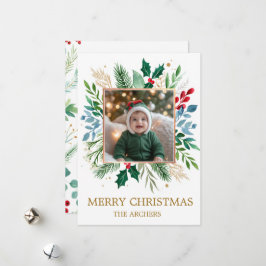 Cartão De Festividades Foto Personalizada Feliz Natal Aquarela Botânica 