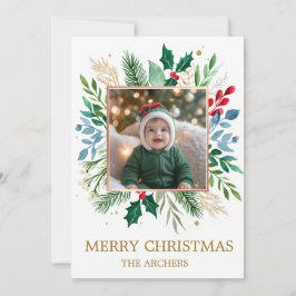 Cartão De Festividades Foto Personalizada Feliz Natal Aquarela Botânica 