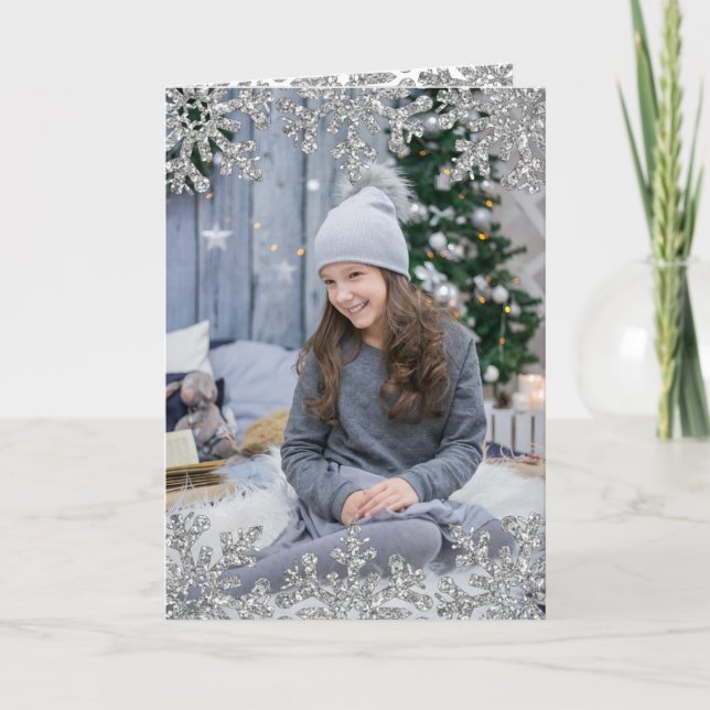 Cartão De Festividades Foto Personalizada Icy Snowflakes (Frente)