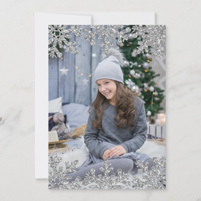 Cartão De Festividades Foto Personalizada Icy Snowflakes (Frente)