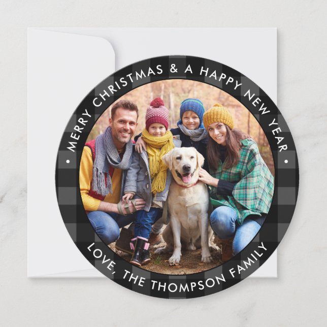 Cartão De Festividades Foto Personalizada Moderna, Cinza Negra Xadrez Buf (Frente)