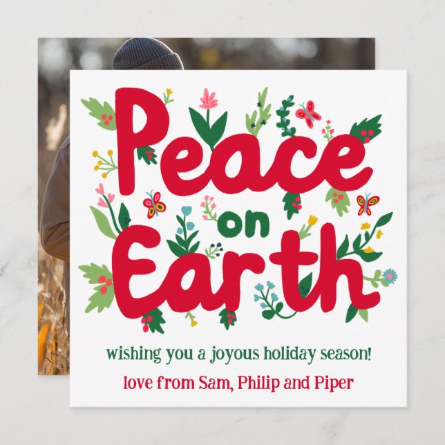 CARTÃO DE FESTIVIDADES FOTO PERSONALIZADA PEACE ON EARTH (Frente/Verso)