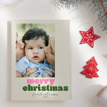Cartão De Festividades Foto Personalizada Verde Cor-de-rosa, Bastante Fel<br><div class="desc">Cartão de Férias de Natal Feliz e Verde,  Retro Cor-de-Rosa</div>