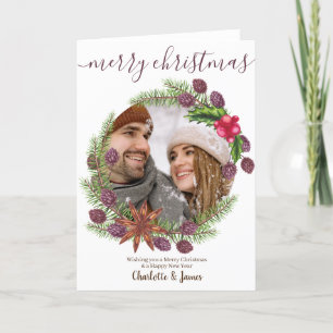 Cartão De Festividades Foto personalizada Wreath de Natal e Holly