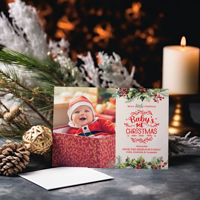 Cartão De Festividades Foto Primeiro Natal do Bebê Floral Elegante (Criador carregado)