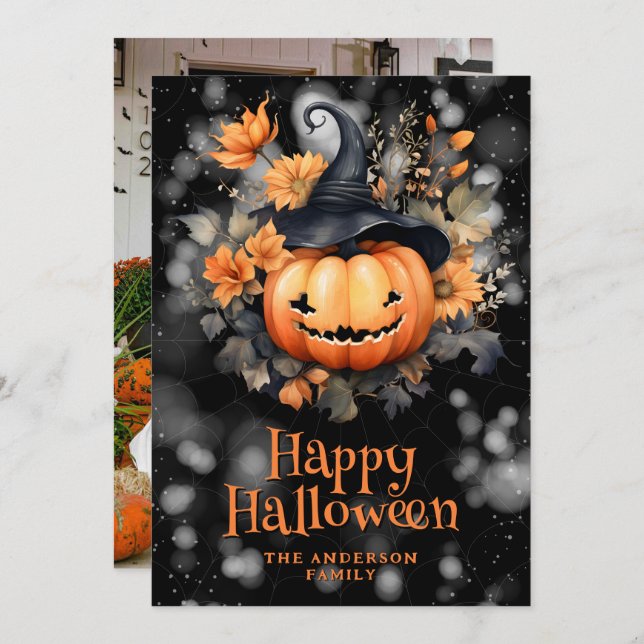 Cartão De Festividades Foto: Pumpkin Black Hat Happy Halloween Card (Frente/Verso)