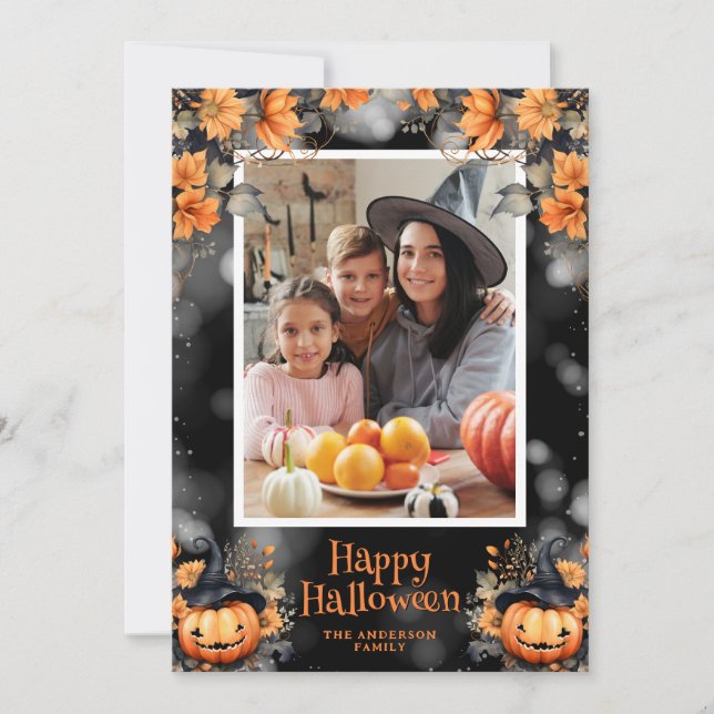 Cartão De Festividades Foto: Pumpkin Floral Happy Halloween Card (Frente)