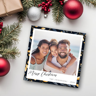 Cartão De Festividades Foto Quadrada De Folha De Natal Azul E Dourada Mod