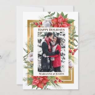 Cartão De Festividades Foto Quadro de Natal Dourado Floral Personalizado