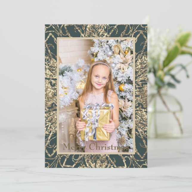 Cartão De Festividades Foto Real de Feliz Natal Dourado Elegante (Em pé/Frente)