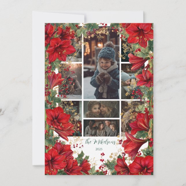 Cartão De Festividades Foto Red Amaryllis Natal Rustic (Frente)