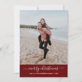 Cartão De Festividades Foto Red Chevron de Script de Natal Merry Moderno