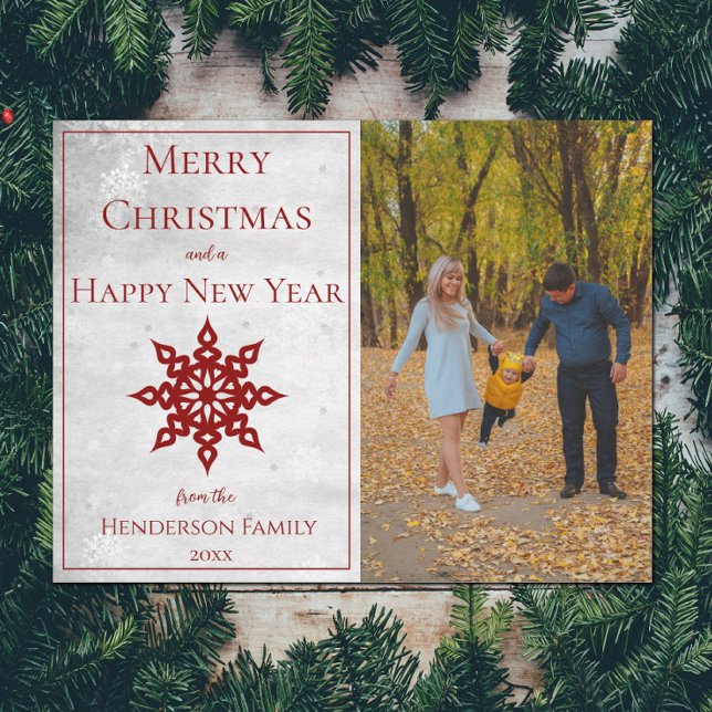 Cartão De Festividades Foto Red Modern Snowflake (Red Modern Snowflake Photo Holiday Card)