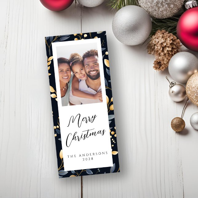 Cartão De Festividades Foto Retângulo De Folha De Natal Azul E Dourada (Blue and Gold Elegant Rectangle Greeting Card)