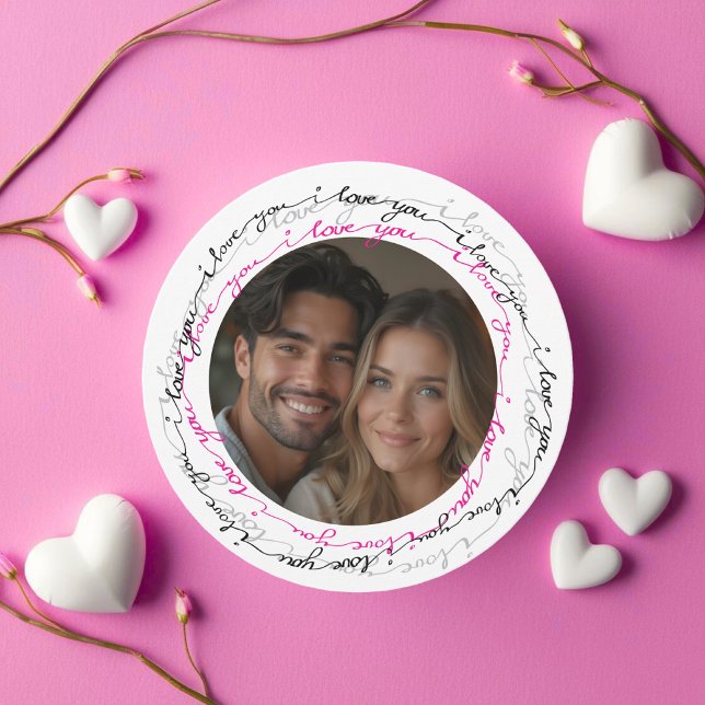 Cartão De Festividades Foto rodada romântica e coração Eu te amo (Romantic Round Photo and Heart I love you Holiday Card)