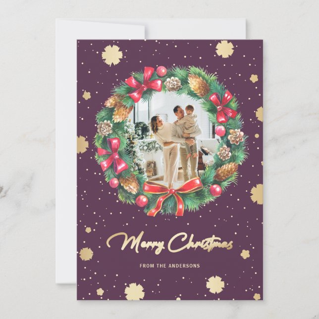 Cartão De Festividades Foto Roxa Dourada Flocos de Neve (Frente)