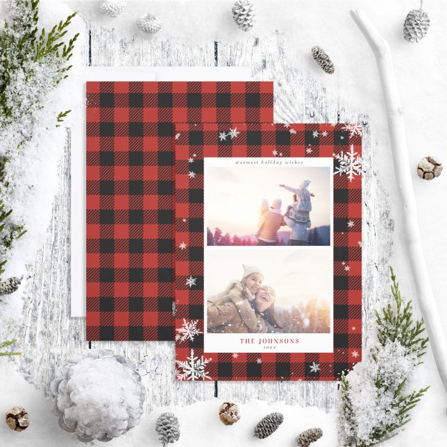 Cartão De Festividades Foto Rustic Red Buffalo Check Snowflake 2 (Criador carregado)