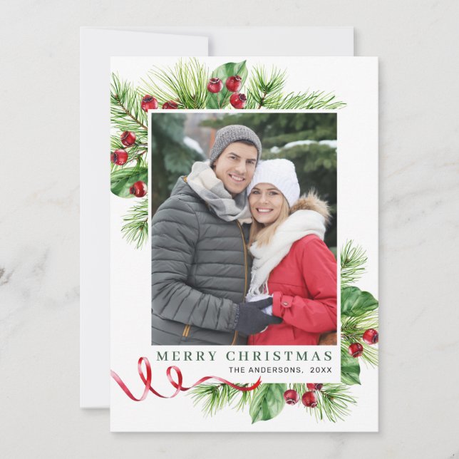 Cartão De Festividades Foto Saudação de Natal com Folhas Festivas de Azev (Frente)
