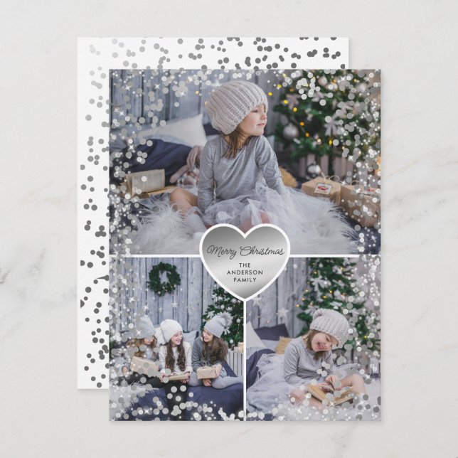Cartão De Festividades Foto Silver Sparkly Feliz Natal (Frente/Verso)