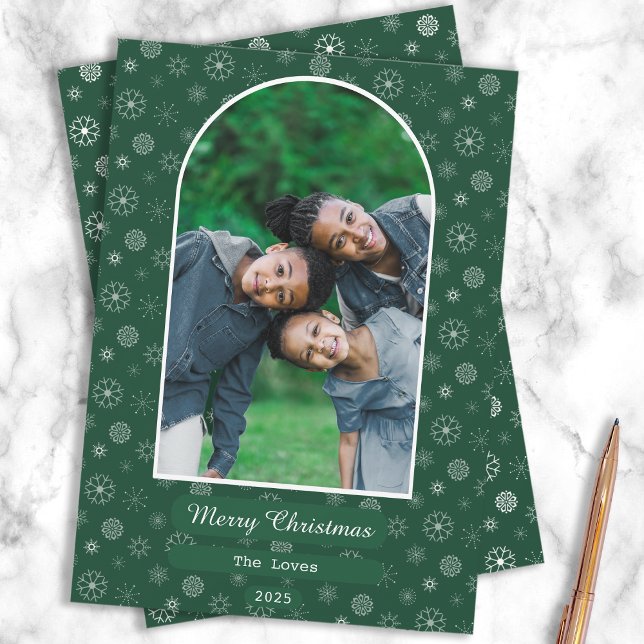 Cartão De Festividades Foto Simples de Feliz Natal Floco de Neve (Green & Gold Family Christmas Card)