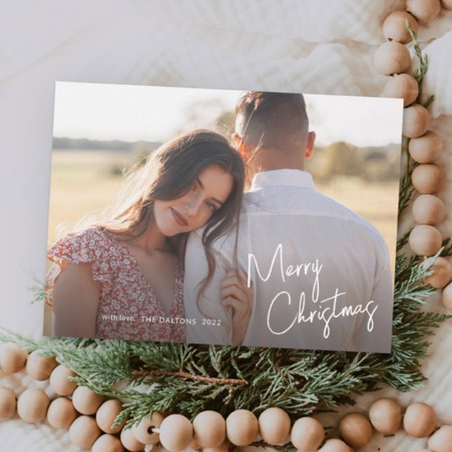 Cartão De Festividades Foto Simples do Script de Natal Merry Moderno (Modern handwritten script merry christmas horizontal photo holiday card.)