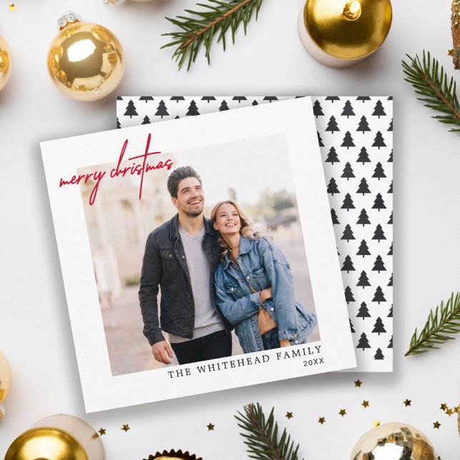 Cartão De Festividades Foto Simples Vermelho Feliz Natal Branco (Criador carregado)