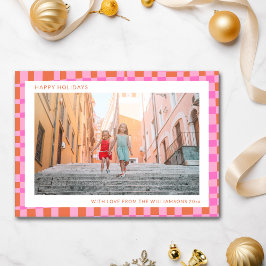 Cartão De Festividades Foto Única Laranja Rosa Xadrez Retro Duas Fotos 