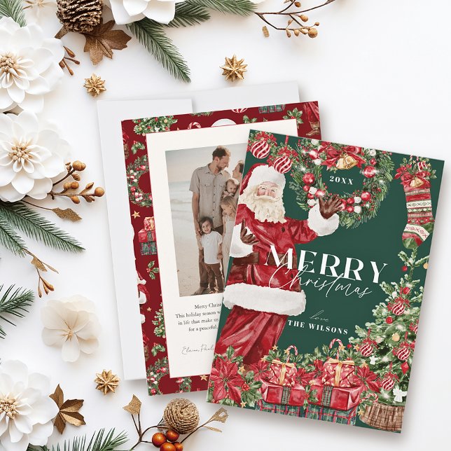 Cartão De Festividades Foto Verde da Árvore de Natal do Papai Noel Clássi (Criador carregado)