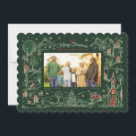 Cartão De Festividades Foto Verde da Cena de Inverno da Cidade Ilustrada<br><div class="desc">Quadro original ilustrado em contorno branco de uma cena de uma vila nevada à noite com a grande lua de cheio e estrelas. Por Becky Nimoy</div>