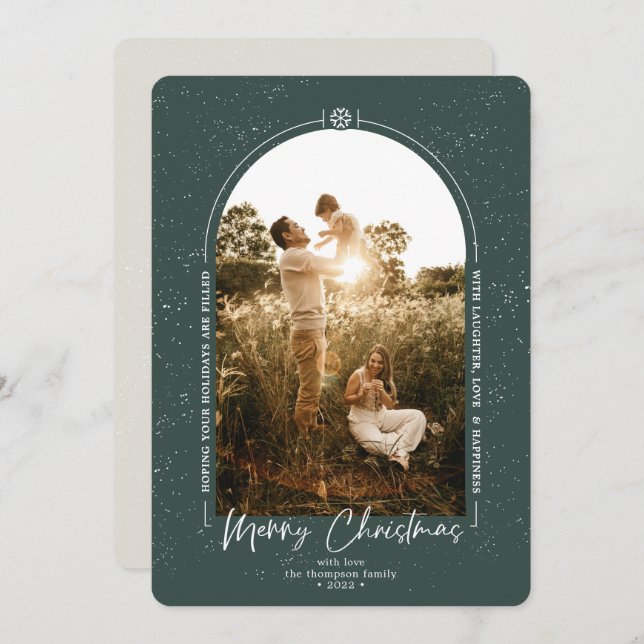 Cartão De Festividades Foto Verde Escuro e Feliz Natal Moderno (Frente/Verso)