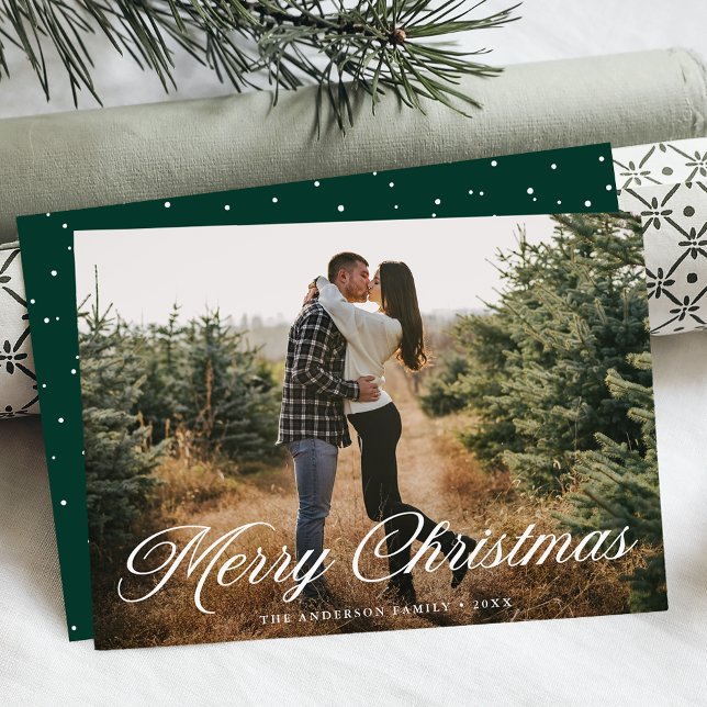 Cartão De Festividades Foto Verde sobre Caligrafia Feliz de Natal (Criador carregado)