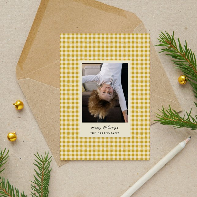 Cartão De Festividades Foto Verificada Reprodutiva Amarela ouro Desenhada (Golden Yellow Playful Hand-Drawn Checkered Photo Holiday Card)