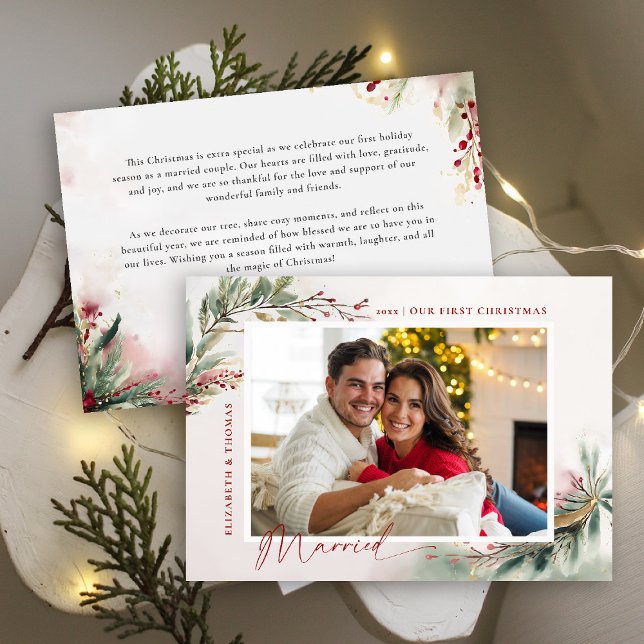 Cartão De Festividades Foto Vermelha Botânica de inverno Primeiro Natal C (first christmas married romantic holiday christmas photo card watercolor winter greenery botanical)