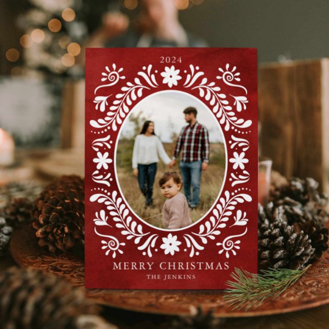 Cartão De Festividades Foto Vermelha Botânica de Natal (Elegant Botanical Merry Christmas Photo Card)