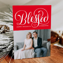 Cartão De Festividades Foto Vermelha com Letra Manual Elegante e Abençoad