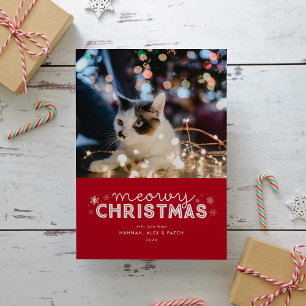 Cartão De Festividades Foto Vermelha de Natal Meowy