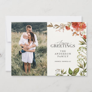 Cartão De Festividades Foto vermelha e verde da folhagem de Natal