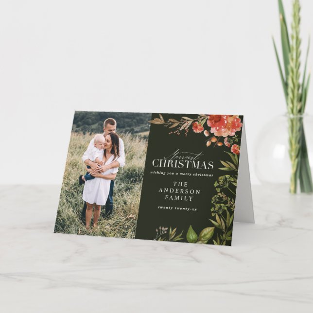 Cartão De Festividades Foto vermelha e verde da folhagem de Natal (Frente)