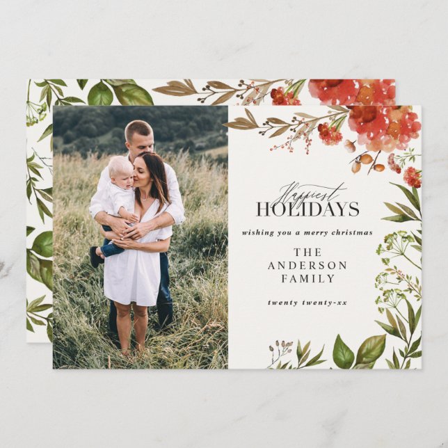 Cartão De Festividades Foto vermelha e verde da folhagem de Natal (Frente/Verso)