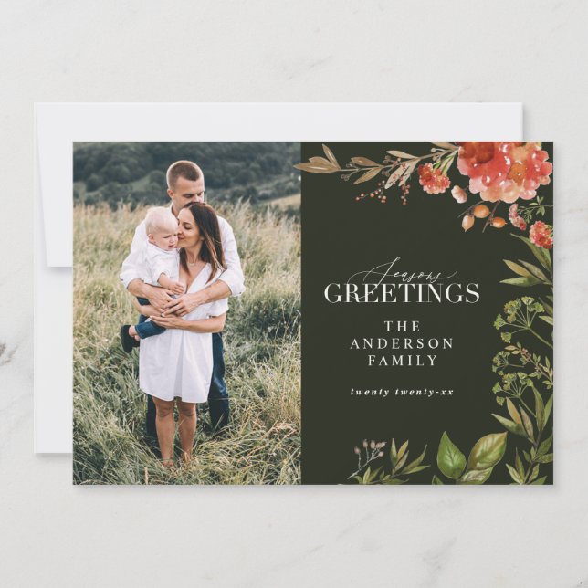 Cartão De Festividades Foto vermelha e verde da folhagem de Natal (Frente)