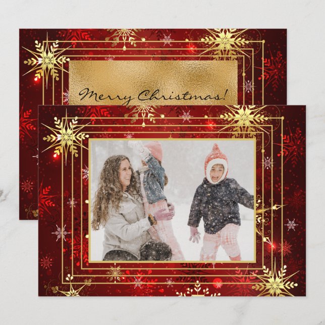 Cartão De Festividades Foto Vermelho Dourado Floco de Neve Natal Festa (Frente/Verso)